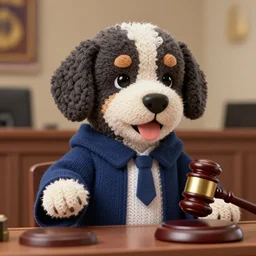 a closeup photorealistic illustration of a knitted bernedoodle judge puppy wearing a justice gown and speaking to the courthouse. pounding the gavel. this 4 k hd image is trending on artstation, featured on behance, well - rendered, extra crisp, features intricate detail, epic composition and the style of unreal engine.