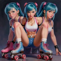 gorgeous!! hyper - realistic giant woman resembling bulma + felicia from darkstalkers on roller skates | drawn by artgerm, drawn by wlop, drawn by jeehyung lee | intricate, high detail, ultra graphics, photorealistic, symmetrical, cinematic, smooth, sharp focus, character design, expressive, cute, beautiful!!