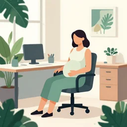 editorial illustration portrait of an isometric pregnant woman sitting in chair, office interior, foliage overgrowth, flowers, modern art deco, ( ( mads berg ) ), christopher balaskas, rich grainy texture, detailed, dynamic pose, matte print, risograph, wood block print, unreal engine, ( ( dither ) )