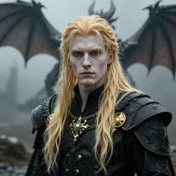 a realistic detail portrait of a beautiful johan liebert alucard in middle earth, long blond hair, very very very light pale white skin, beautiful long blond hair, raining, mist, magic, dragon, goth by Julian calle, wlop, greg rutkowski, Finnian MacManus, Trending on artstation, black  and yellow scheme, 8k, RE Engine