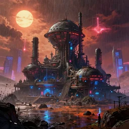 a beautiful detailed highly detailed outpost architecture industrial architecture urbex by winslow homer, extraterrestial futuristic rain with sun anime nature mars dramatic lighting sea tron cgsociety matte painting neon noir forest laser synthwave infrared, archdaily, wallpaper, highly detailed, trending on artstation.