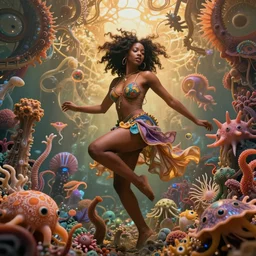 ridiculously beautiful young black woman tripping, psychedelics, sea creatures, in the style of ernst haeckel, effervescent, warm, hyperrealism, epic and cinematic,