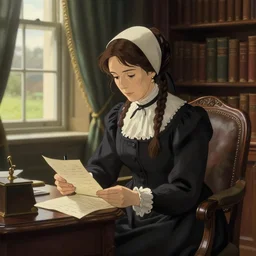 victorian britain 1 8 3 5, middle - aged florence nightingale sitting writing letters in the library of a english victorian manor. light from a window on the left, finely detailed perfect art, gapmoe yandere grimdark, trending on pixiv fanbox, painted by greg rutkowski makoto shinkai takashi takeuchi studio ghibli
