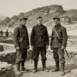 ultra detailed photorealistic sepia - toned photo from 1 9 1 7, three british soldiers standing at an archaeological dig site in wadi rum, ultra realistic, painted, intricate details, lovecraft, atmospheric, dark, horror, brooding, highly detailed, by clyde caldwell