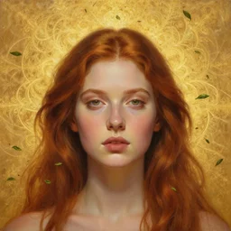 epic painting of beautiful goddess with red brown hair, golden glowing background, close up portrait, photography by amy leibowitz, wlop, jeremy lipkin, beeple, intricate golden fractals, tea leaves flying in the sky, symmetrical front portrait, artgerm