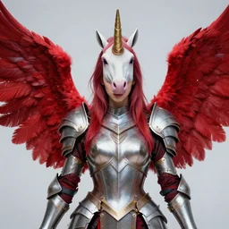 girl with an unicorn horn and red wings, armor, dressed, ultrarrealistic, high detail, digital art, trending on artstation, style ted nasmith