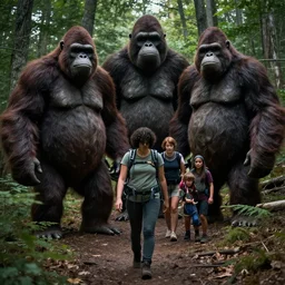 A Hiker encounters a family of giant obese Sasquatches while hiking in Ohio, photoreal, horror, atmospheric