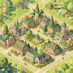 floralpunk town, trending on artstation, a town inspired by flower and plant-based industries and World renowned famous artists. Worth1000.com