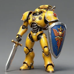 human-sized strong intricate yellow pit droid carrying very detailed great sword and beautiful large paladin shield and longsword, pancake short large head, exposed metal bones, painterly humanoid mecha, by Greg Rutkowski