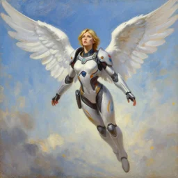 oil painting of mercy overwatch in the style of sophie anderson, flying, angel wings,
