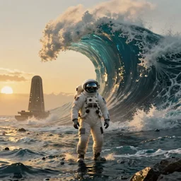 hyperdetailed atmospheric masterpiece concept art of an astronaut standing in the middle of the ocean with a gigantic tidal wave in the background, high quality trending on ArtStation by Simon Stalenhag, golden hour, scifi mysterious monolith —W 1024 —H 1024