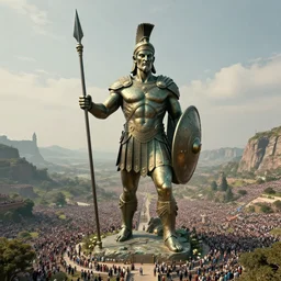 a gigantic 1 0 0 0 foot bronze statue of a spartanburg warrior holding his spear and shield, god of war, fantasy landscape, thousands of tiny onlookers, photorealistic, atmospheric