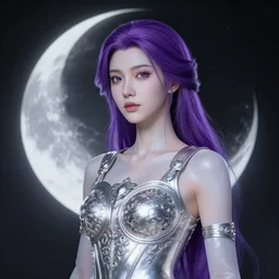 portrait of prophetess of the moon, silver filigree armor, purple hair, translucent skin, beautiful! coherent! by brom, by junji ito, strong line, high contrast, muted color