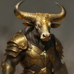 concept art of the taurus, golden ox horn, lightingn eye, intricate details, detailed face, detailed armour, artstation, epic pose, ambient light