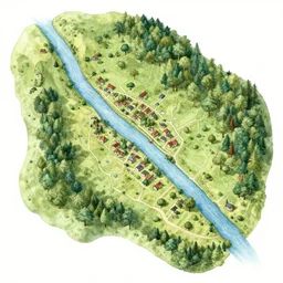 ink map of a fantasy place, river, village, forest, by tolkien, by victo ngai