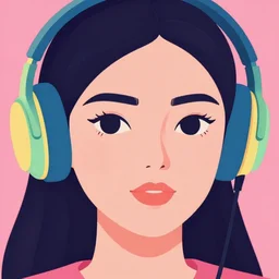 closeup of a female face with headphones in retro colours synthwave style 2D digital vector art