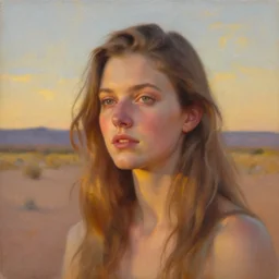detailed oil portrait of rhea seehorn, full head, dreamlike whistful expression, new mexico background painted by anthony mcbain, desert sky, golden hour lighting