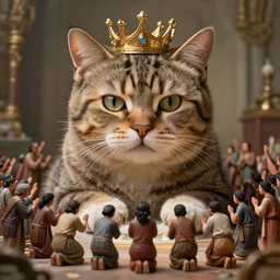 A giant cat with a crown on his head, surrounded by dozens of small humans worshiping him. Photo-realistic highly-detailed 4K