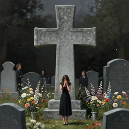 a beautiful detailed realistic matte painting close - up view of a large gravestone cross surrounded by flowers and a woman crying standing wearing a black dress standing looking at the cross, centered, long shot, side profile view, by sam yang and luis royo and wlop and john howe