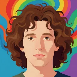 a colorful vibrant closeup portrait of a simple caucasian man with curly mid length brown hair with a calm aesthetic face and dreaming psychedelic hair, by kawase hasui, moebius, edward hopper and james gilleard, zdzislaw beksinski, steven outram colorful flat surreal design, hd, 8 k, art station
