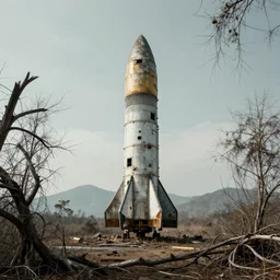 abandoned rocket ship, distant knotted branches, distant mountains, extremely detailed
