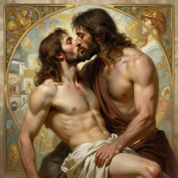 jesus kissing a sensual muscular man in jerusalem, elegant, highly detailed, digital painting, artstation, concept art, matte, sharp focus, highly detailed, 4 k, hdr, smooth, sharp focus, high resolution, award - winning photo, photorealistic, art by artgerm and greg rutkowski and alphonse mucha, large shot