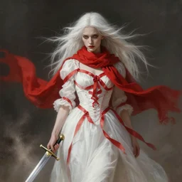a vampire with long light white hair and a red scarf, windy, ribbons, melancholic, modern maximalist fashion dress, is ( ( holding a sword ) ). light dust, magnificent, hyperdetailed, theatrical, painted by jean honore fragonard and greg rutkowski