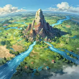 the magnetic pole mountain at the center of the flat earth with four rivers flowing in the cardinal directions, epic digital fantasy style beeple, by thomas kinkade hearstone league of legends dofus overwatch concept art, style of makoto shinkai, xision, james jean and peter mohrbacher, studio ghibli, artgerm, karol bak, dan mumford global illumination rtx bi