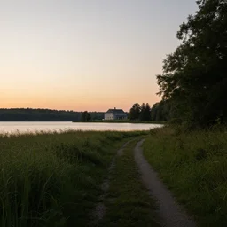 a serene landscape with a singular building near a lake at sunset, soft lighting, path tracing, complementary colors, calm, natural lighting, high quality, 4k, low contrast, highly detailed, octane render, unreal engine 5