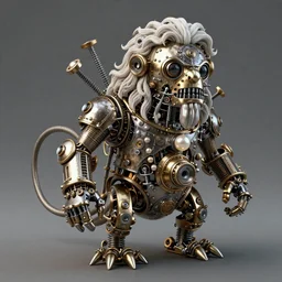 intricate steampunk monster constructed by newton with screws and bolts and a pearl on fire with smoke, isolated on white background