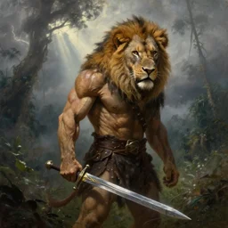 muscular lion as barbarian hunter with sword , human muscular body ,very textured detailed oil painting panoramic 4k hires detailed portrait by rembrandt,  dramatic clouds, thunder in the foggy jungle  ,sun rays through trees