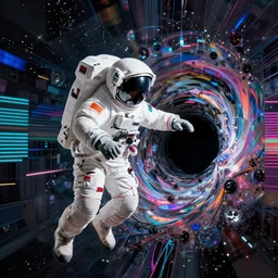astronaut sucked into blackhole synthwave, glitchy, reflective, holographic, anaglyph