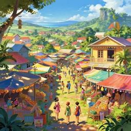 colorful marketplace in Reunion Island, anime, a fantasy digital painting by Greg Rutkowski, by James Gurney,trending on artstation,highly detailed