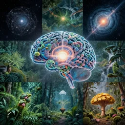 Coverart including concepts from quantum mind, climate change, nature, creative interpretation, no text