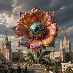 colossal psyhedelic alien flower made from worst mankind ideas in the middle of abandoned post soviet constructivist cityscape, Stalinist architecture, ultradetailed, Intricate by Hayao Miyazaki and Josan Gonzalez and Giuseppe Arcimboldo and Wes Anderson and H.R. Giger