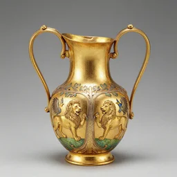 A golden jug from times of Charlemagne (early 9th Century CE) decorated with technique of cellular enamel (cloisonné). On one hand, two lions by tree of life, and on other, there are two griffins.