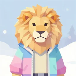 aesthetic albino lion fursona portrait, commission of a anthropomorphic lion on fire, fursona wearing vaporwave stylish clothes, winter armosphere, pastel simple art, low poly