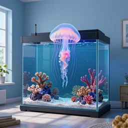 the realistic photo of the modern room as aquarium with a big jellyfish and corals, under the ocean, realistic colors, realistic shadows, daylight made in blender, hd, 3 d by beeple and damian hirst