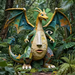 abstract, sculpture Charizard Picasso, made of various materials from rainforest of face of artificial intellicgence
