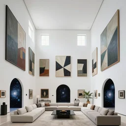 giant Italian modern castle living room, clean minimalist design, that is 1300 feet tall, with very tall giant walls filled with modern art paintings, doors that are cosmic portals, photo by Annie Leibovitz
