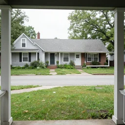 poor neighborhood, overgrown, photo taken from a porch