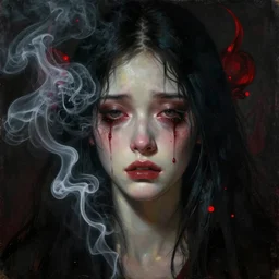 creepy woman sad crying face made of smoke and ash, painting by beksinski, deep eyes, dark atmosphere, red ornaments