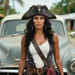 an award winning outdoors portrait photo of a 1 7 0 0 s dirty caribbean italian olive tanned pirate woman with black smooth hair, slightly big nose defined jaw, pretty, smug face, blue eyes, wearing a vest and short coat, sunset, movie color graded
