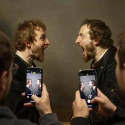 Two people holding cellphones recording a video of each other while also yelling at each other, painting by Rembrandt