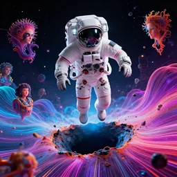 astronaut hovering over infinite blackhole, quantum waves, synthwave, bright neon colors, highly detailed, cinematic, tim white, philippe druillet, roger dean, ernst haeckel, lisa frank, michael whelan, kubrick, kimura, isono