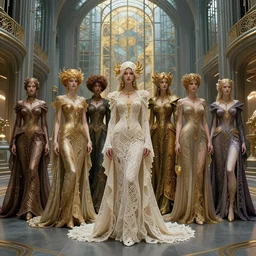 a group of rich fantasy crearures with various, elaborate, intricate, silken, flowing, crocheted, gowns and robes, well dressed, stand in a cyberpunk, art nouveau hall, steel architecture, large glass windows, gold, well lit, high fantasy, octane render, alphonse mucha, jesper ejsing, aesthetic, matte painting concept art, trending on artsstation