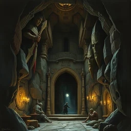 the dungeon entrance, by gaston bussiere, j. c. leyendecker, craig mullins, donato giancola, greg rutkowski, symmetry!!, highly detailed, sharp focus, nighttime, moonlit