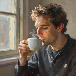 It's morning. Sunlight is pouring through the window bathing the face of a man enjoying a hot cup of coffee. A new day has dawned bringing with it new hopes and aspirations. Painting by Picasso