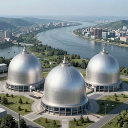 Three sci fi nuclear containment buildings in an expansive river valley with a city in the distance, a sense of hope and optimism, birds overhead, stark light, day time, unsplash, national geographic, hd, high res
