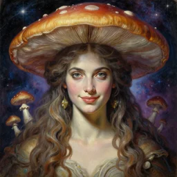 perfectly centered symmetrical portrait, front view of a beautiful mushroom goddess, female, intense stare, sweet smile, cosmic background, concept art, intricate detail, volumetric shadows and lighting, realistic oil painting by gustave dore,